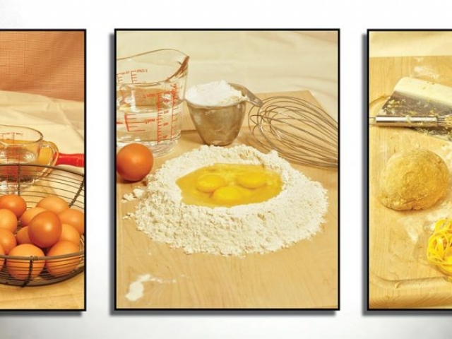 Culinary photography of pasta making process, making noodles, eggs, flour, water, wisk, fresh-made pasta photography by g2-studios