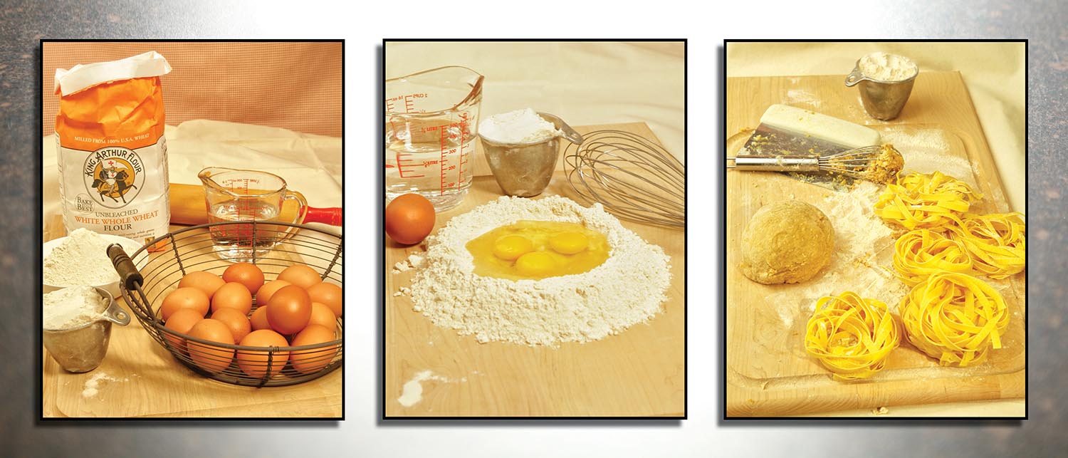 Culinary photography of pasta making process, making noodles, eggs, flour, water, wisk, fresh-made pasta photography by g2-studios